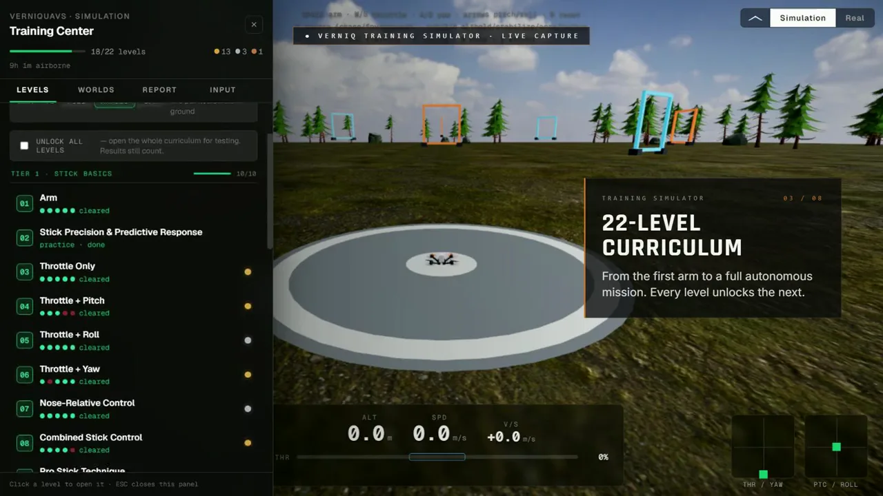 Verniq training simulator showing the Training Center curriculum and flight practice environment
